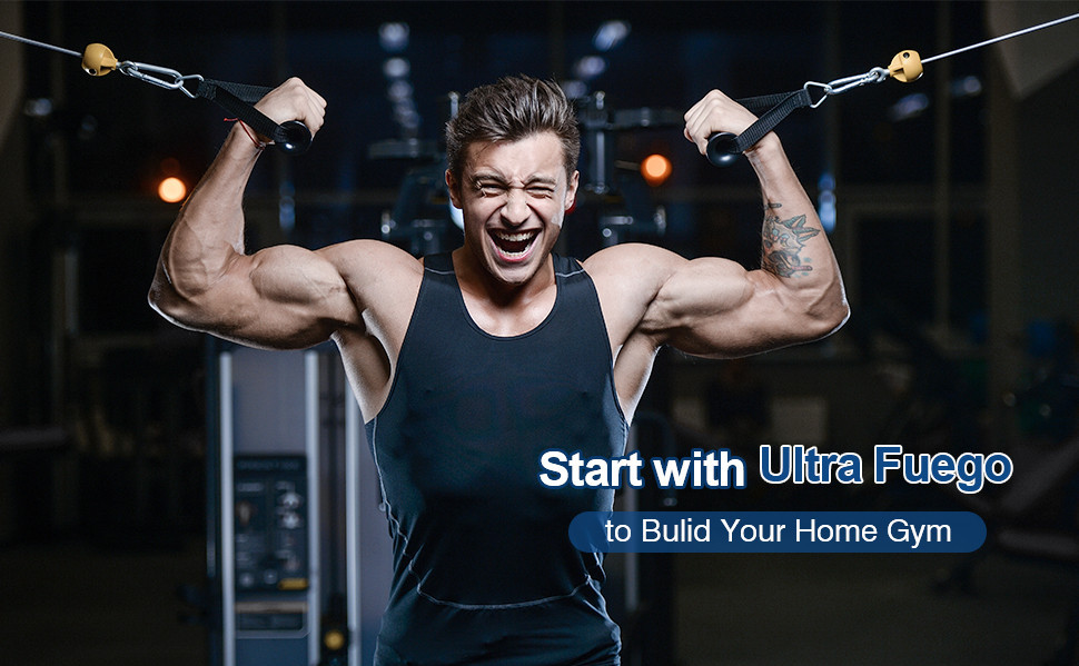 Man in gym with big biceps demonstrating the cable pulley on the ultra fuego power cage.