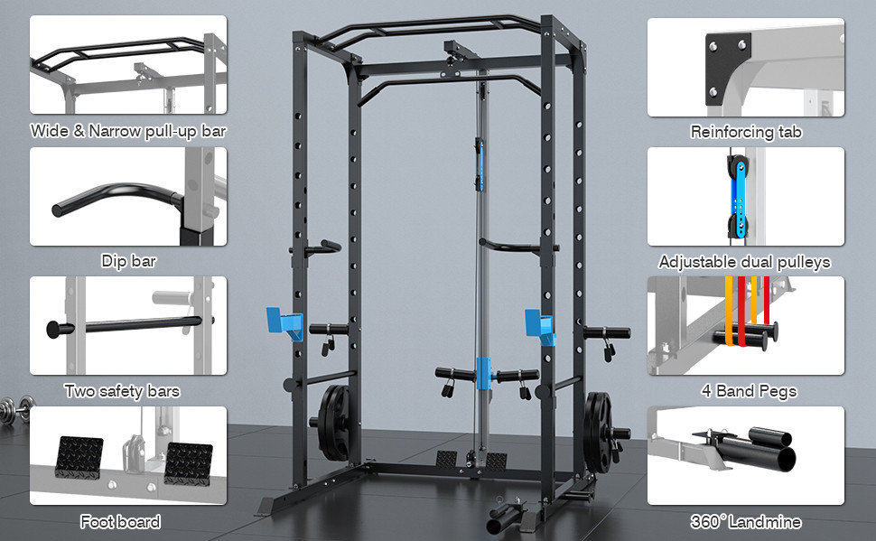 Image of the ultra fuego power cage with additional images of attachments and features.