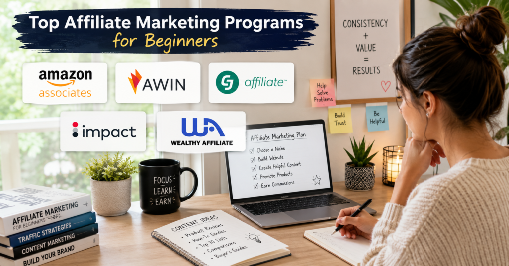 Lifestyle image showing a beginner affiliate marketer comparing Amazon Associates, Awin, CJ Affiliate, Impact, and Wealthy Affiliate while planning content for an affiliate marketing website.