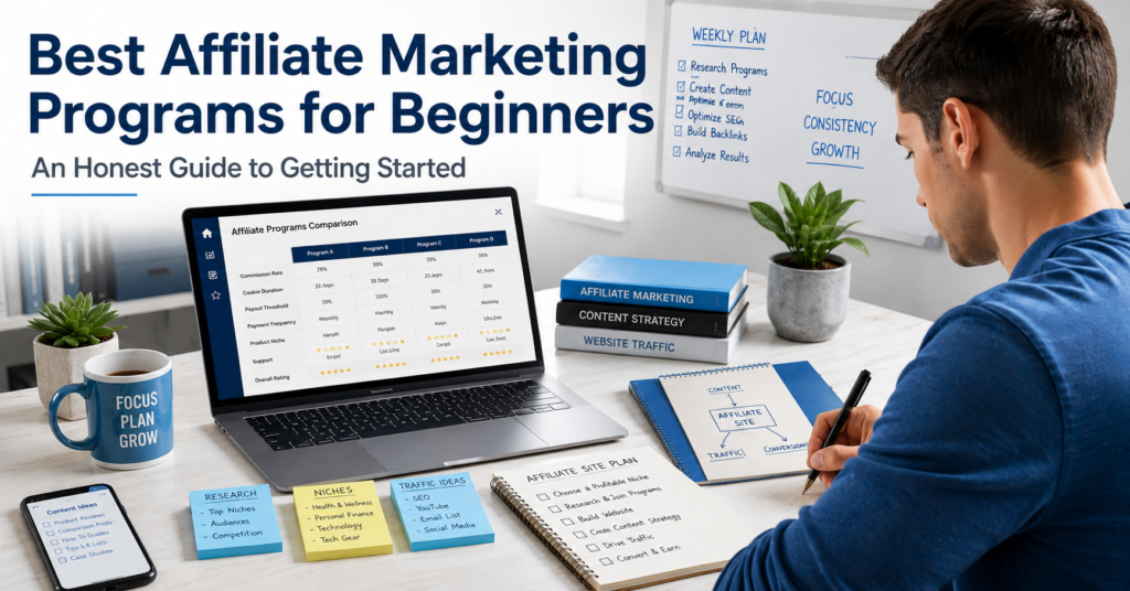 Affiliate marketing workspace showing a beginner comparing affiliate programs, planning niche ideas, reviewing website traffic, and organizing content strategy for an affiliate marketing website.