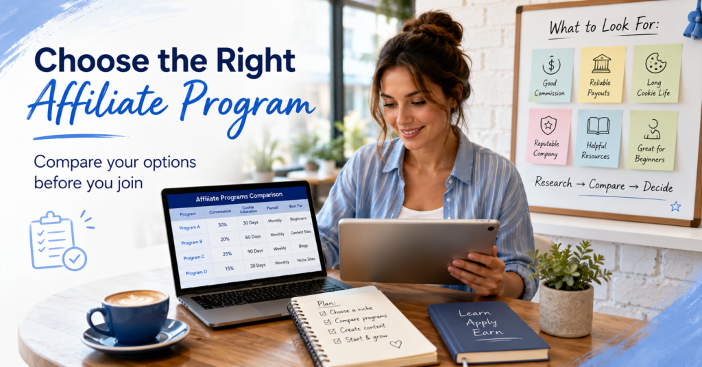 Best affiliate marketing programs for beginners. Beginner affiliate marketer comparing program options on a laptop and tablet, with notes about commissions, resources, company reputation, and choosing the right affiliate program.