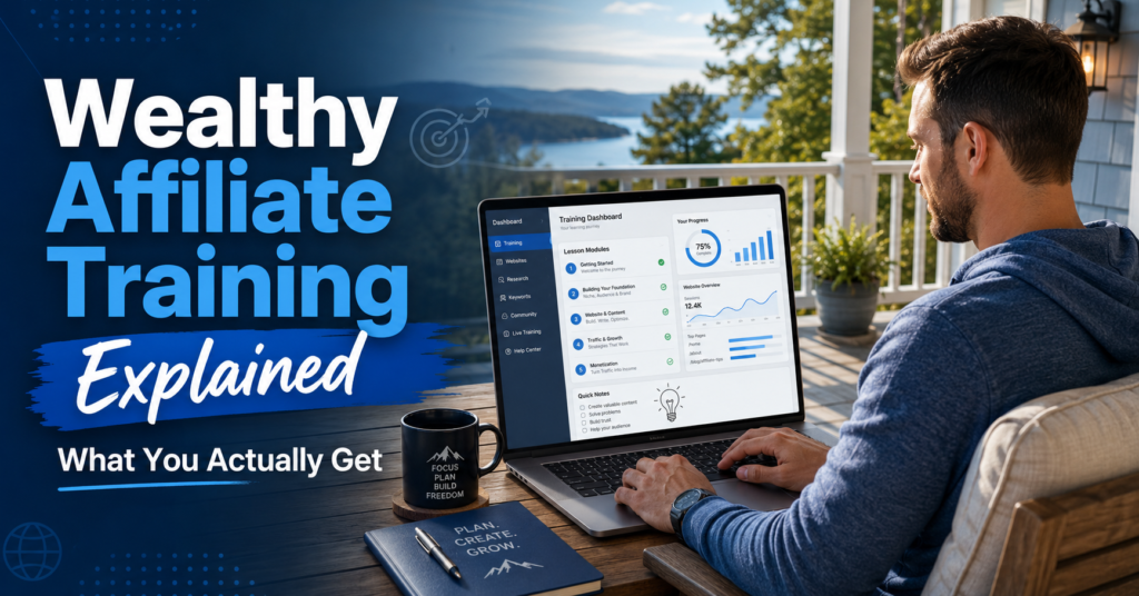 Man working through Wealthy Affiliate training on a laptop while sitting on a porch with a cup of coffee, showing a relaxed lifestyle scene focused on affiliate marketing lessons, website growth, and online business training.