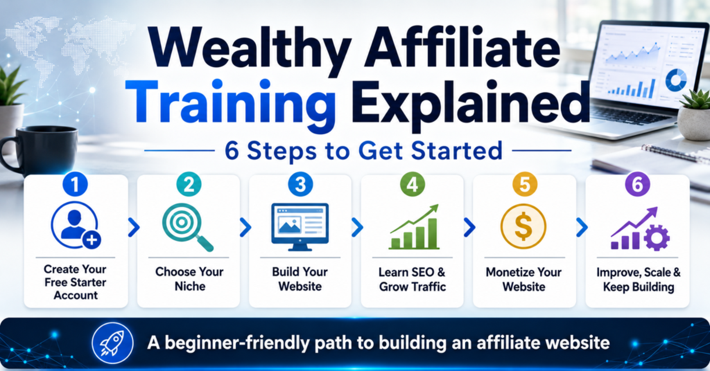 Wealthy Affiliate Training Explained infographic showing six beginner steps: create a free Starter account, choose a niche, build a website, learn SEO, monetize the site, and continue improving over time.