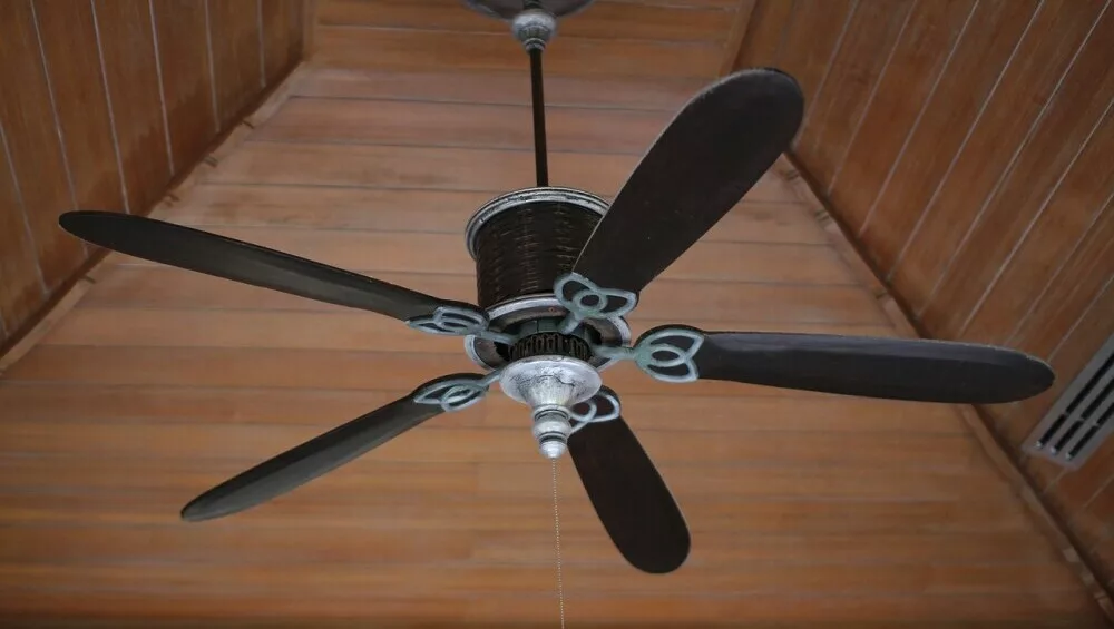 Ceiling fan installed on peaked ceiling