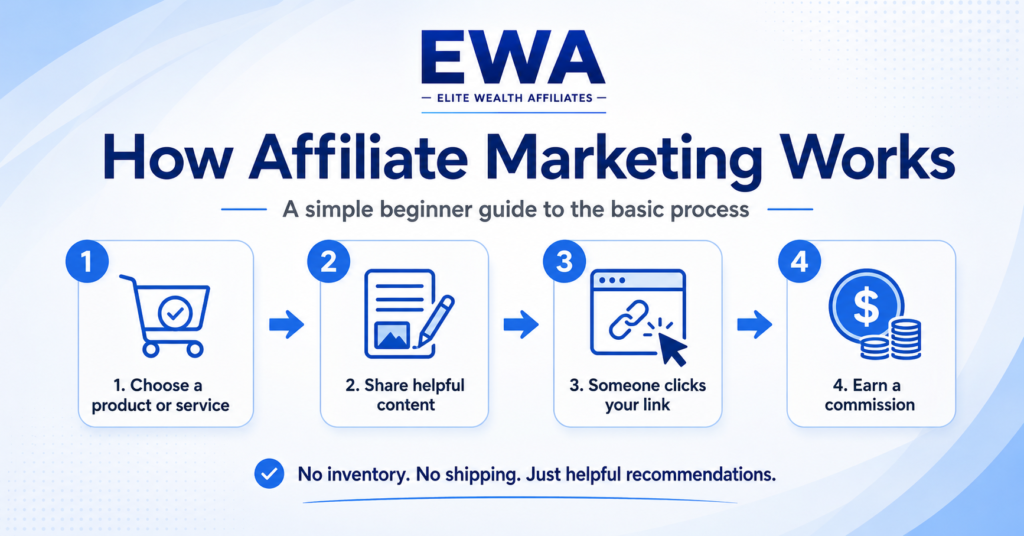 EWA infographic explaining how affiliate marketing works, showing the basic process of choosing a product or service, sharing helpful content, someone clicking an affiliate link, and earning a commission.
