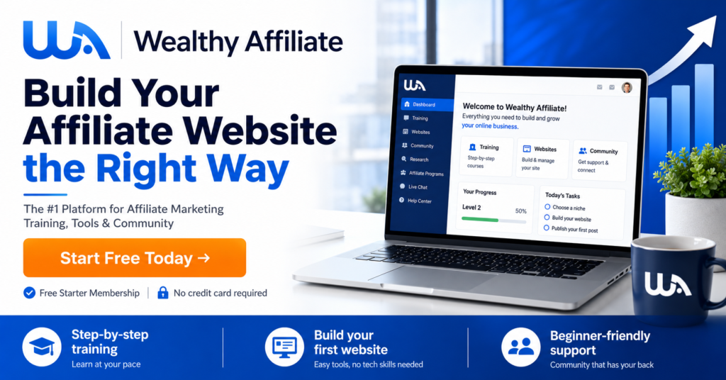 Wealthy Affiliate CTA banner showing a laptop training dashboard, Start Free Today button, free starter membership note, no credit card required message, and beginner benefits like step-by-step training, website tools, and community support.