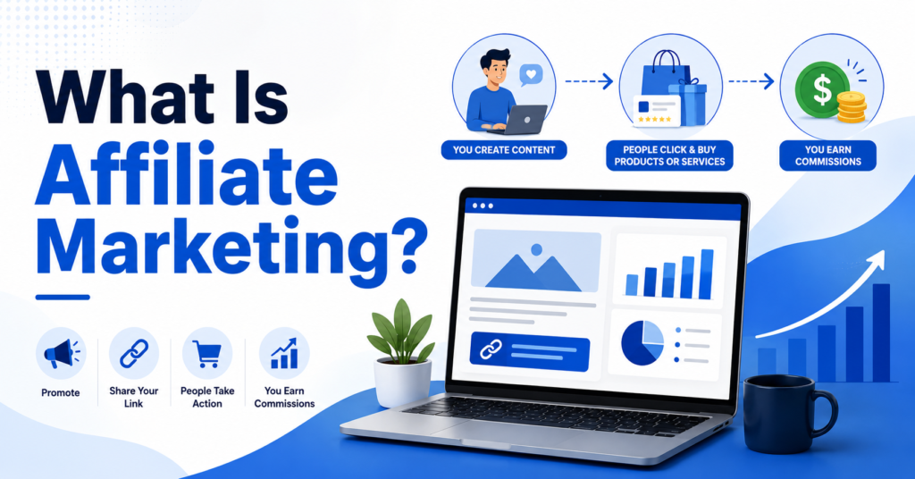 What is affiliate marketing infographic showing how content creators share affiliate links, readers click and buy products or services, and commissions are earned through referrals.