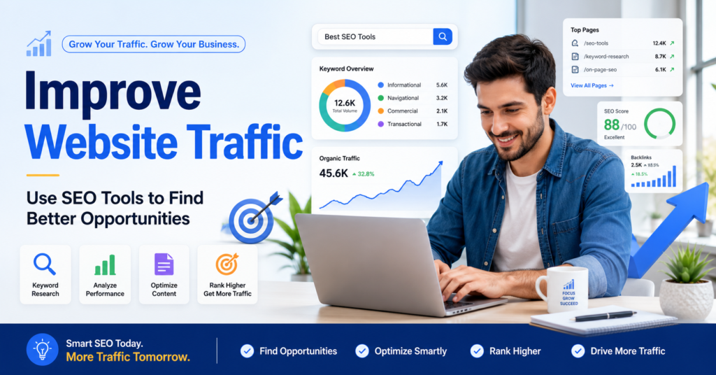 How to improve website traffic image showing a man using SEO tools on a laptop with keyword research, traffic analytics, optimization icons, and growth charts to represent finding better opportunities and increasing website traffic.