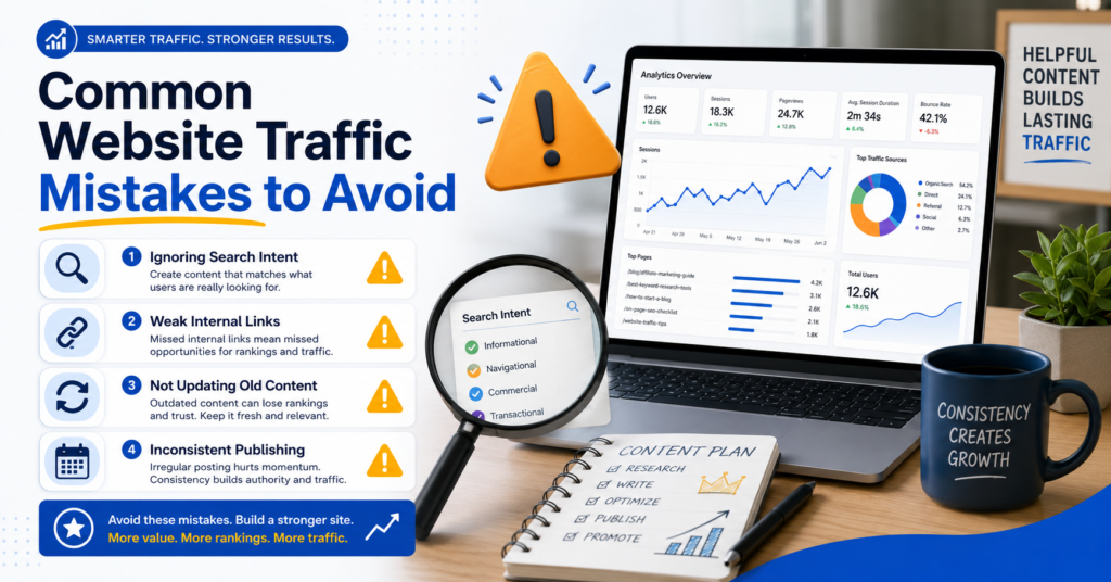 Common website traffic mistakes to avoid image showing SEO analytics, search intent, weak internal links, outdated content, inconsistent publishing, and reminders to build stronger traffic with helpful content.
