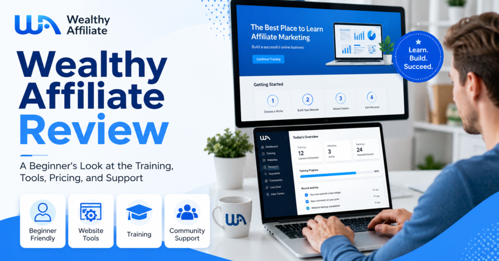 Wealthy Affiliate review banner showing a beginner-friendly training dashboard, website tools, community support, and affiliate marketing lessons for beginners.