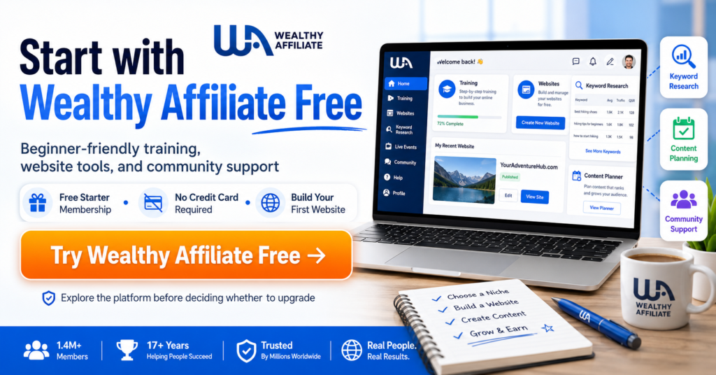 Wealthy Affiliate free Starter membership CTA banner showing a laptop training dashboard, website tools, keyword research, content planning, community support, and a Try Wealthy Affiliate Free button.