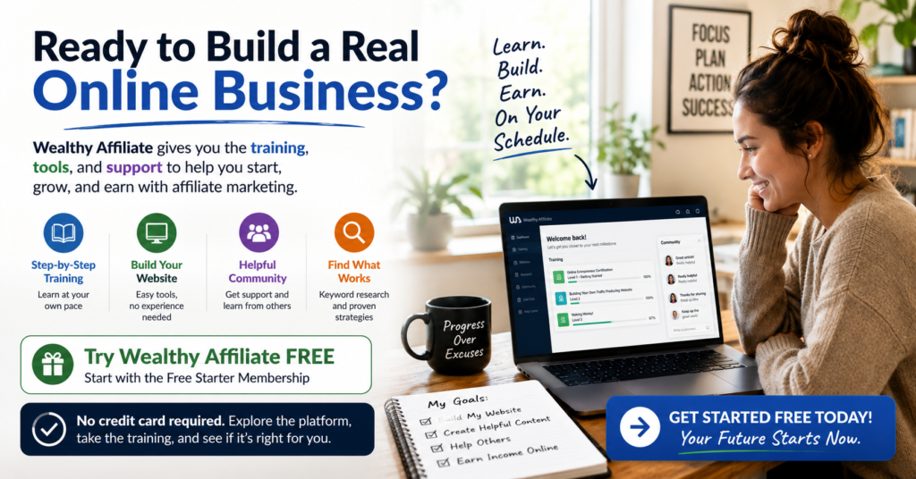 Wealthy Affiliate CTA banner showing a beginner working on an affiliate marketing website, with step-by-step training, website tools, community support, keyword research, and a free Starter membership offer.