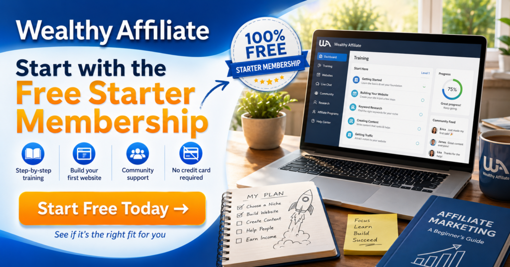 Wealthy Affiliate free Starter membership CTA banner showing beginner training, website setup tools, community support, no credit card required message, and a Start Free Today button.