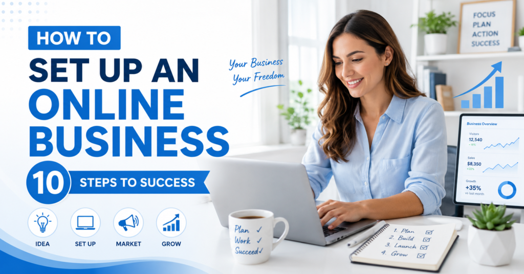 How to set up an online business featured image showing a woman working on her laptop, business growth dashboard, planning notes, and 10 steps to success message.