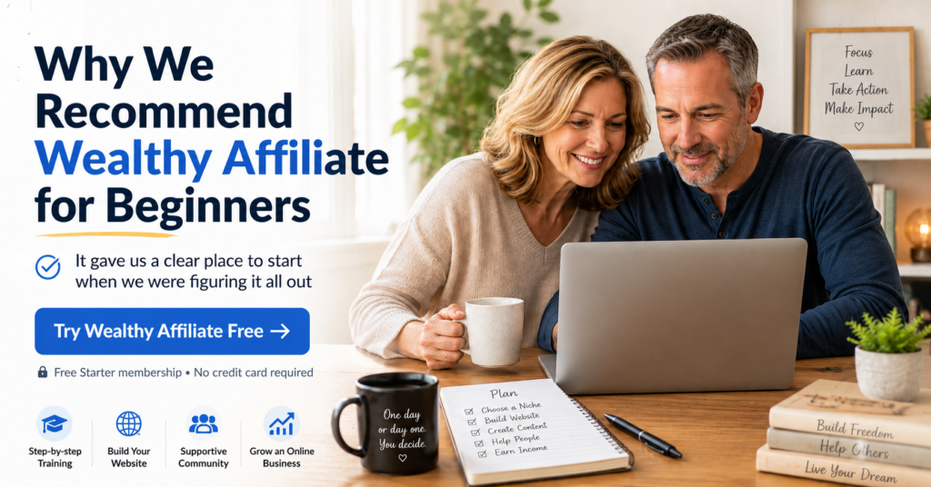 Why we recommend Wealthy Affiliate for beginners image showing two people reviewing a laptop together, with a free Starter membership CTA, no credit card required message, and beginner benefits like step-by-step training, website building, community support, and online business growth.
