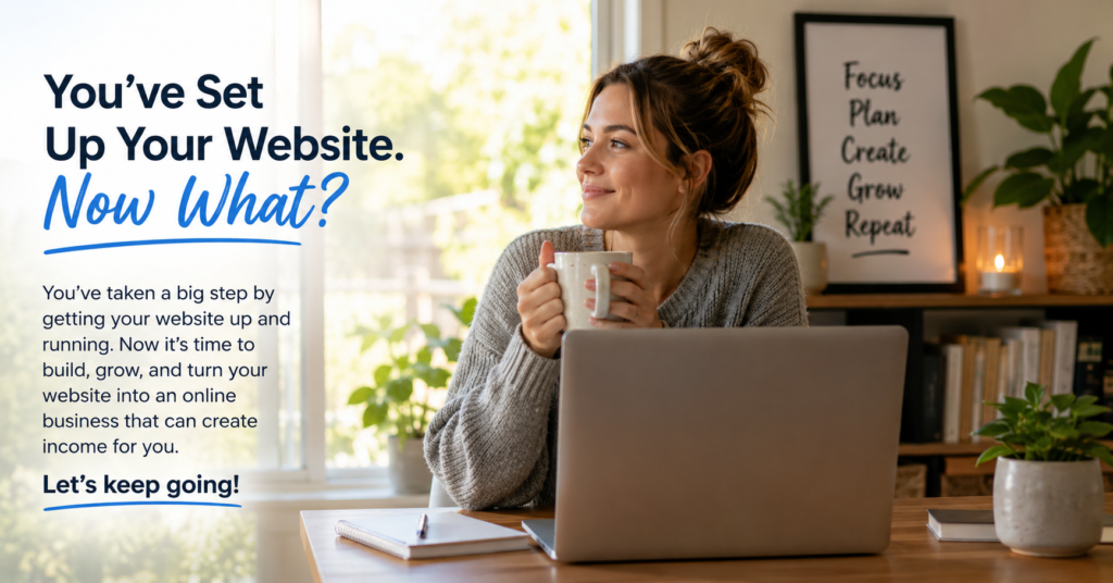 Lifestyle image showing a woman sitting at a laptop in a cozy home office after setting up her website, with text encouraging beginners to keep building and growing their online business.
