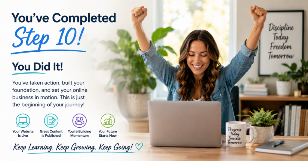 Lifestyle image showing a woman celebrating at her laptop after completing step 10 of setting up an online business, with text encouraging beginners to keep learning, growing, and building momentum.