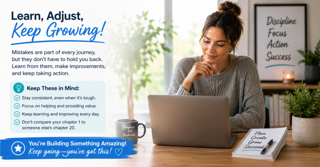Lifestyle image showing a woman working at a laptop after learning common online business mistakes, with reminders to stay consistent, focus on helping people, keep improving, and avoid comparing progress too early.