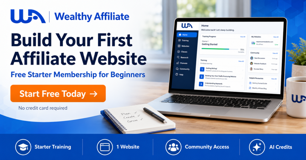 Wealthy Affiliate CTA banner showing a laptop training dashboard, Start Free Today button, no credit card required note, and beginner benefits including starter training, one website, community access, and AI credits