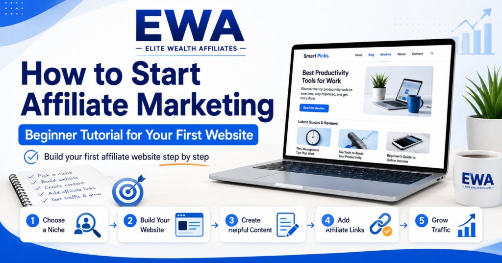 EWA affiliate marketing tutorial banner showing how to start affiliate marketing step by step, with a laptop website mockup and beginner steps for choosing a niche, building a website, creating helpful content, adding affiliate links, and growing traffic.
