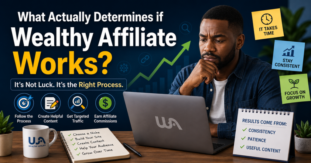 What determines if Wealthy Affiliate works banner showing a man reviewing an affiliate marketing strategy on a laptop, with reminders about consistency, patience, useful content, and following the right process.