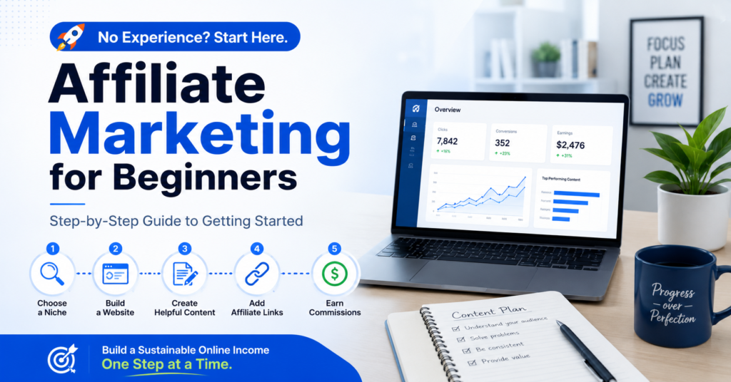 Affiliate marketing for beginners banner with a step-by-step process showing how to choose a niche, build a website, create helpful content, add affiliate links, and earn commissions.