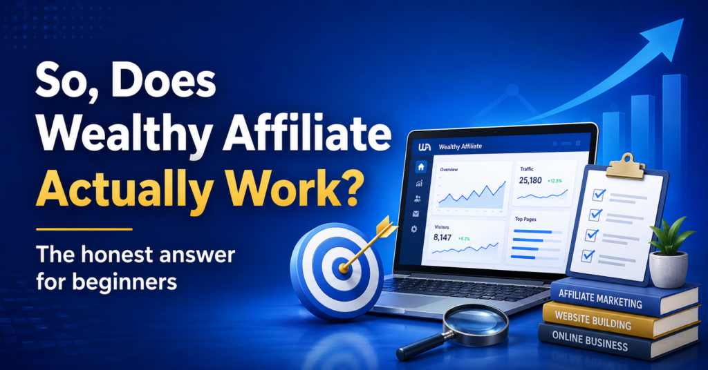 Does Wealthy Affiliate actually work banner showing a laptop analytics dashboard, target, checklist, and affiliate marketing books with the message “The honest answer for beginners.”