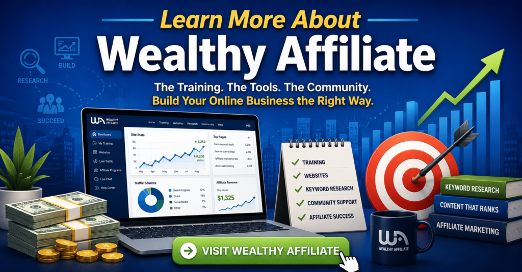 Wealthy Affiliate promotional banner showing a laptop dashboard, training checklist, keyword research books, growth chart, and a Visit Wealthy Affiliate button.