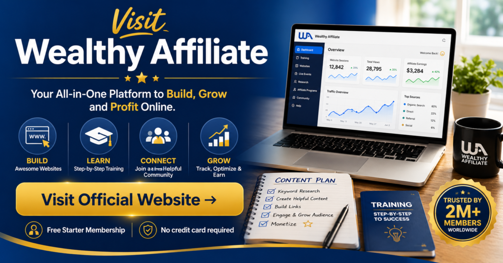Wealthy Affiliate CTA banner showing a laptop dashboard, content plan, training resources, free Starter membership message, no credit card required note, and a Visit Official Website button.