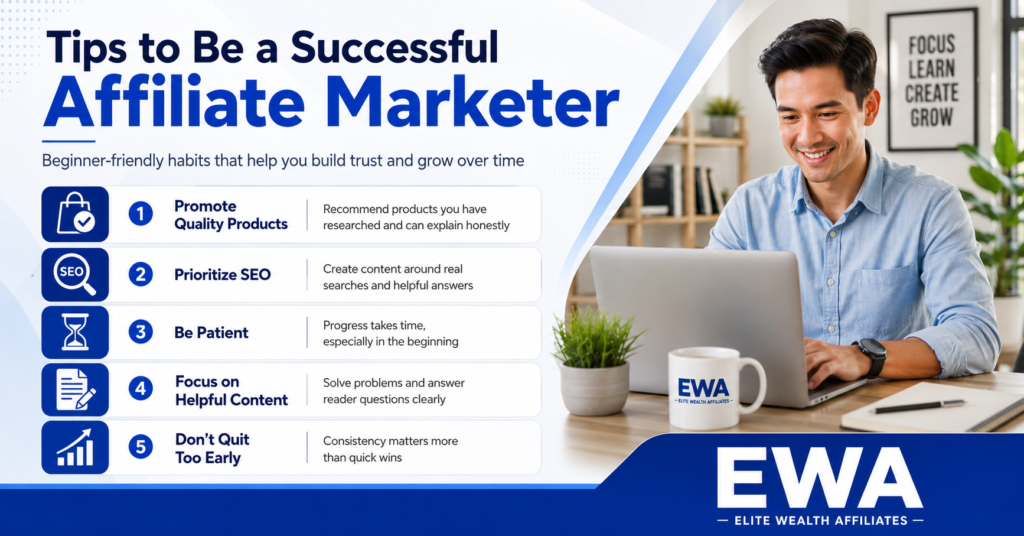 EWA banner showing five tips to be a successful affiliate marketer, including promoting quality products, prioritizing SEO, being patient, focusing on helpful content, and staying consistent.