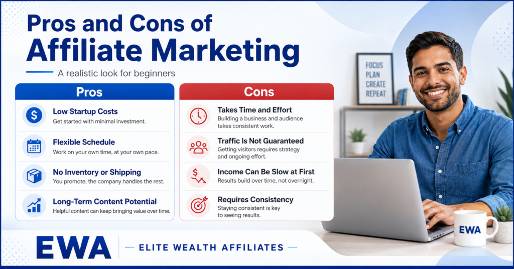 Pros and cons of affiliate marketing banner comparing beginner benefits like low startup costs, flexible schedule, no inventory, and long-term content potential with challenges like time, traffic, income variability, and consistency.