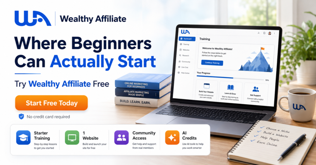 Wealthy Affiliate banner showing a laptop training dashboard, free starter membership callout, no credit card required message, and icons for starter training, one website, community access, and AI credits.