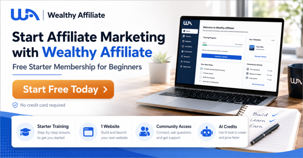 Wealthy Affiliate banner showing a free starter membership for beginners, with a laptop training dashboard, Start Free Today button, no credit card required note, and icons for starter training, one website, community access, and AI credits.