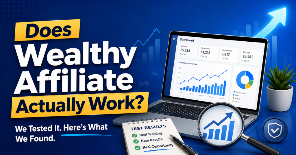 Does Wealthy Affiliate actually work featured image showing a laptop analytics dashboard, growth chart, checklist, and the message “We tested it. Here’s what we found.”