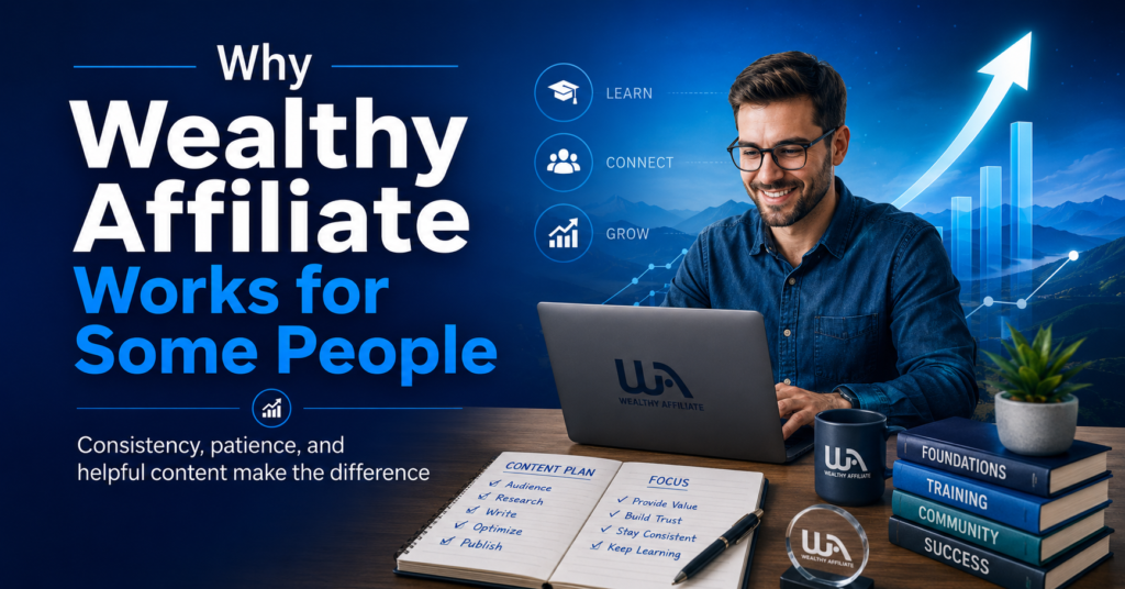 Why Wealthy Affiliate works for some people banner showing a beginner building an affiliate website with a laptop, content plan, training resources, and growth chart to represent consistency, patience, and helpful content.