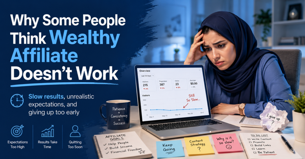 Why some people think Wealthy Affiliate doesn’t work banner showing a frustrated woman at a laptop reviewing slow website results, with visual cues about unrealistic expectations, slow progress, and giving up too early.