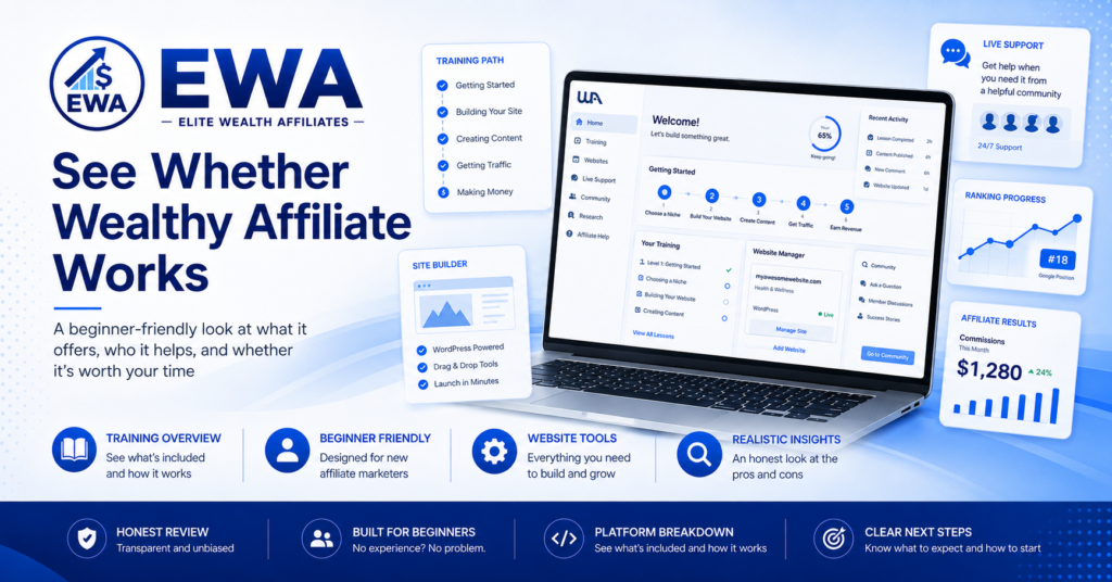 Blue-and-white EWA banner reading “See Whether Wealthy Affiliate Works,” featuring a training dashboard mockup, website builder panel, support card, ranking progress chart, and affiliate results graphic for beginner affiliate marketers.