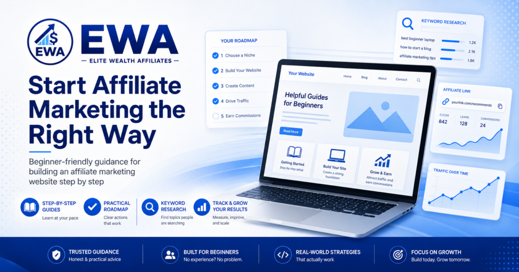 Blue-and-white EWA banner reading “Start Affiliate Marketing the Right Way,” featuring a laptop mockup, beginner roadmap, keyword research panels, affiliate link metrics, and icons highlighting step-by-step guides, practical roadmap, keyword research, and growth.