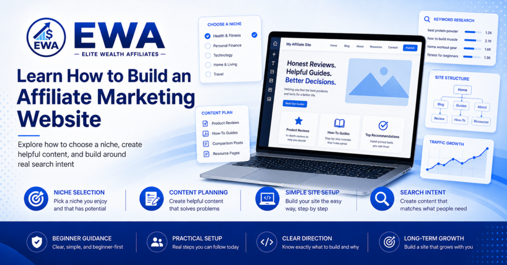Blue-and-white EWA banner reading “Learn How to Build an Affiliate Marketing Website,” featuring a laptop website mockup, niche selection checklist, content planning panel, keyword research card, site structure diagram, and traffic growth chart.