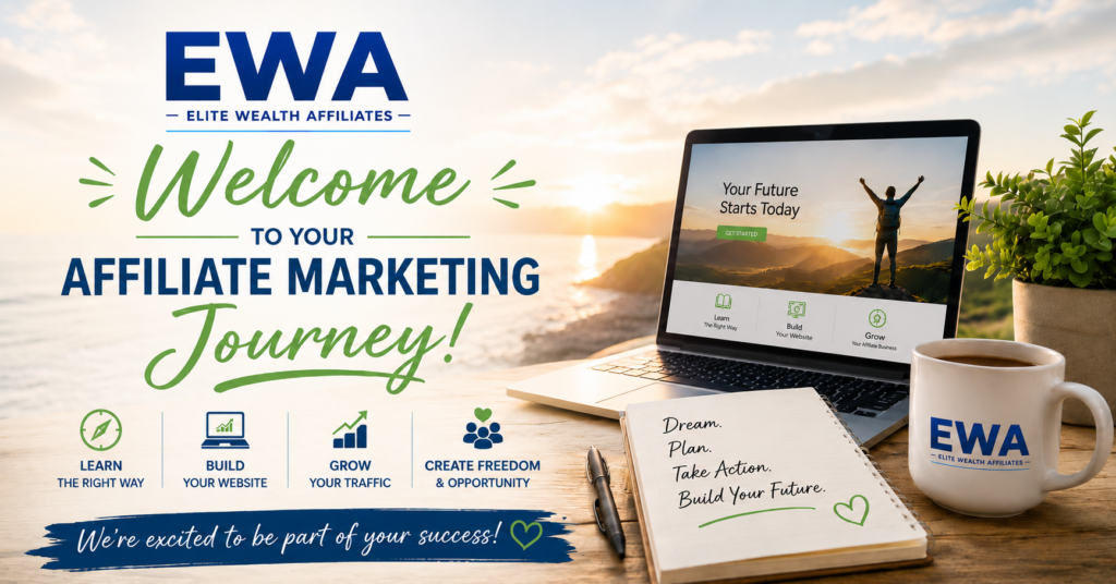 Welcoming EWA affiliate marketing journey banner with the Elite Wealth Affiliates logo, a laptop workspace, sunrise background, coffee mug, notebook, and icons for learning, building a website, growing traffic, and creating opportunity.